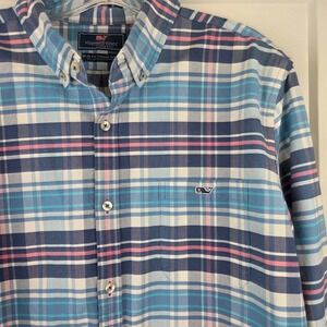 Vineyard Vines Slim Fit Tucker Shirt Mens Large Blue Plaid Button Down Casual
